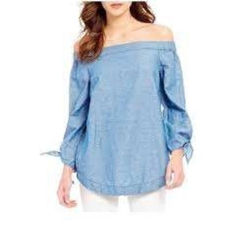 Free People Womens Blue Cotton Linen Off Shoulder Tie Cuff Chambray Top Size M‎